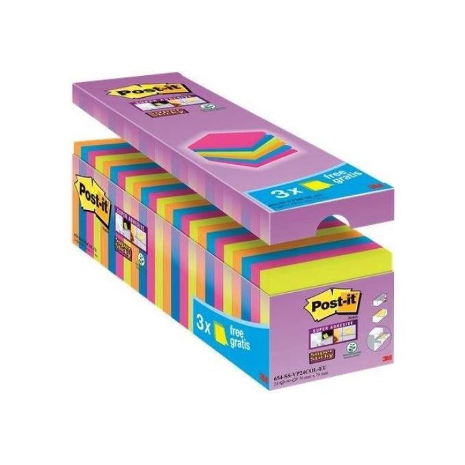 Post-it Confezione 21+3 Value Pack Super Sticky Tradizionale 76x76mm 90 Foglietti Verde/Fucsia/Arancio/Blu
