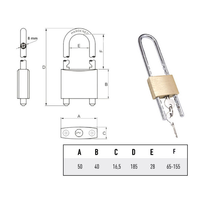 Potent Lucchetto Ottone 50mm Arco Regolabile