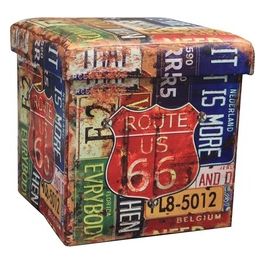 Pouf Contenitore in Similpelle 36x36cm/H36cm con Decoro Route 66