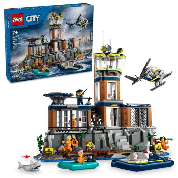 LEGO City 60419 Prigione sull'Isola della Polizia, Giocattolo ricco di Funzioni con Elicottero, Barca, Gommone e 7 Minifigure