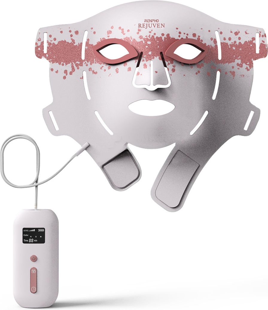 Renpho maschera viso led Artemis Blush E100B-1, 432 led, 4 modalita' luce, silicone morbido, copertura mento, bianco rosa