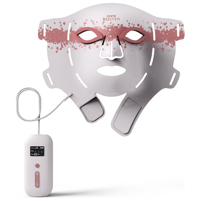 Renpho maschera viso led Artemis Blush E100B-1, 432 led, 4 modalita' luce, silicone morbido, copertura mento, bianco rosa