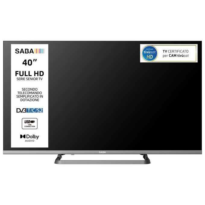 Saba, Tv Led 40'' Full Hd, Serie Senior, Triplo Sintonizzatore Dvb-T2-C-S2, Hevc Main10, Grigio