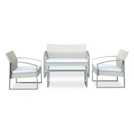 Salotto Alicante White Washed (2 Poltrone 1 Divano 1 Tavolo) Cuscini Colore Grigio Chiaro -