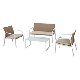 Salotto Madeira (2 Poltrone 1 Divano 1 Tavolo) Colore Bianco, Rivestimento In Polyrattan Miele, Cuscini Beige