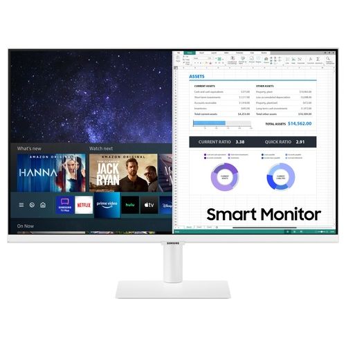 Samsung Smart Monitor M5 (S27AM501), Flat 27'', 1920x1080 (Full HD), Piattaforma Smart TV (Amazon Video, Netflix), Airplay, Mirroring, Office 365, Wireless Dex, Casse Integrate, IoT Hub, WiFi, Bianco