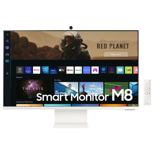 Samsung Smart Monitor M8 (S32BM801), Flat 32'', 3840x2160 (UHD 4K), Piattaforma Smart TV (Amazon Video, Netflix), Airplay, Mirroring, Office 365, Wireless Dex, Casse Integrate, WiFi, USB TypeC, Bianco