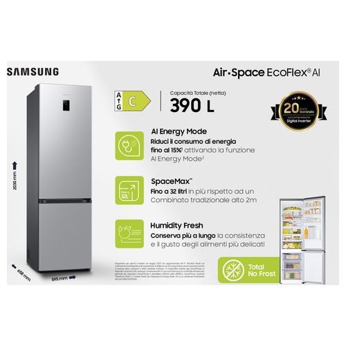 RB38C672CSA EcoFlex AI Frigorifero Combinato 390 L 203 cm Classe C 35 dB Total No Frost Wi-Fi colore Silver Inox