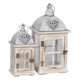 Set 2 Lanterne Laila con Struttura in Legno e Tetto in Metallo Bianco e Grigio