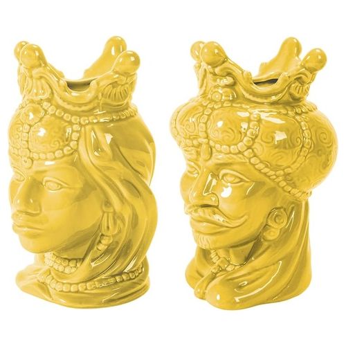 Set 2 pezzi Vaso testa di moro in ceramica, colore giallo h. 24,5 cm, Sicilia