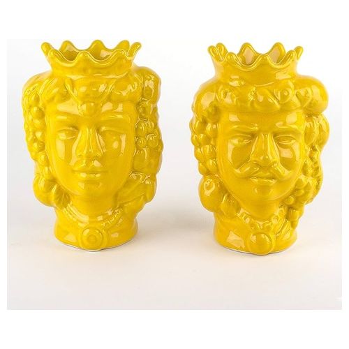 Set 2 pezzi Vaso testa di moro in ceramica, colore giallo h. 14 cm, Sicilia