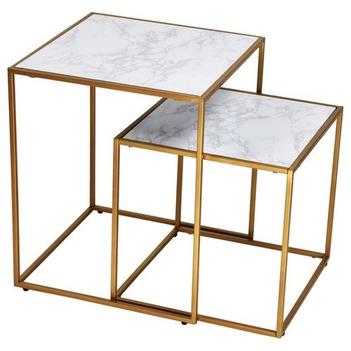 Set 2 Tavolini Marika in Mdf/Metallo 40x40cm/H48cm Bianco/Oro