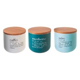 Set 3 barattoli sale, zucchero e caffe' 500 ml, in new bone China, coperchio in bamboo, Victionary