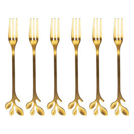 Set 6 forchettine oro in acciaio inox, impugnatura con foglioline, Luxury