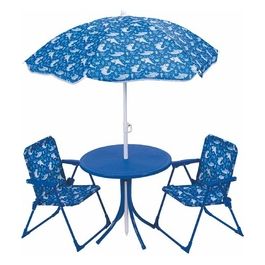 Set bimbo giardino, tavolino con ombrello e due sedie, struttura in metallo, decoro squaletto