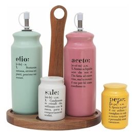 Set olio, aceto, sale e pepe in gres, stand in bamboo, Victionary Colors