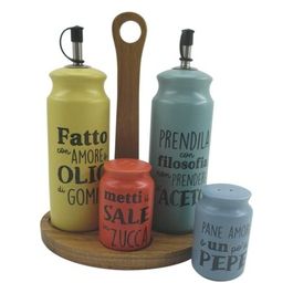 Set olio, aceto, sale e pepe in gres, stand in bamboo, Idee