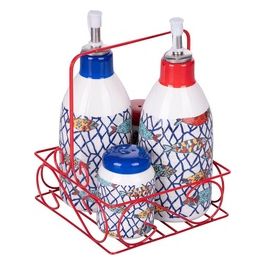 Set olio, aceto, sale e pepe in ceramica, stand in metallo, Los Cabos