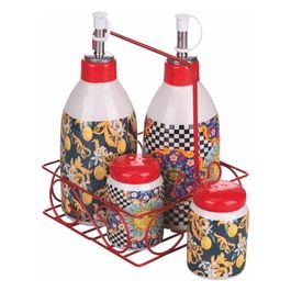 Set olio, aceto, sale e pepe in ceramica, stand in metallo, Italian Beauty