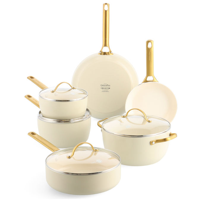 GreenPan CC008495-001 Padova Reserve Set pentole e padelle 10 pezzi Alluminio con rivestimento ceramico Antiderente per induzione Forno fino a 200 °C colore Crema