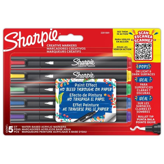 Sharpie Creative Marker Pennarelli a Base d'Acqua con Punta a Proiettile Colori Assortiti 5 Pezzi