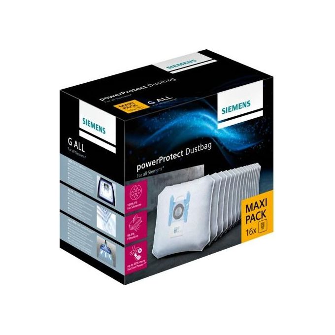 Siemens VZ16GALL PowerProtect Sacchetti per Aspirapolvere Universali 16 pz Chiusura Igienica Filtrazione 99.9% colore Bianco