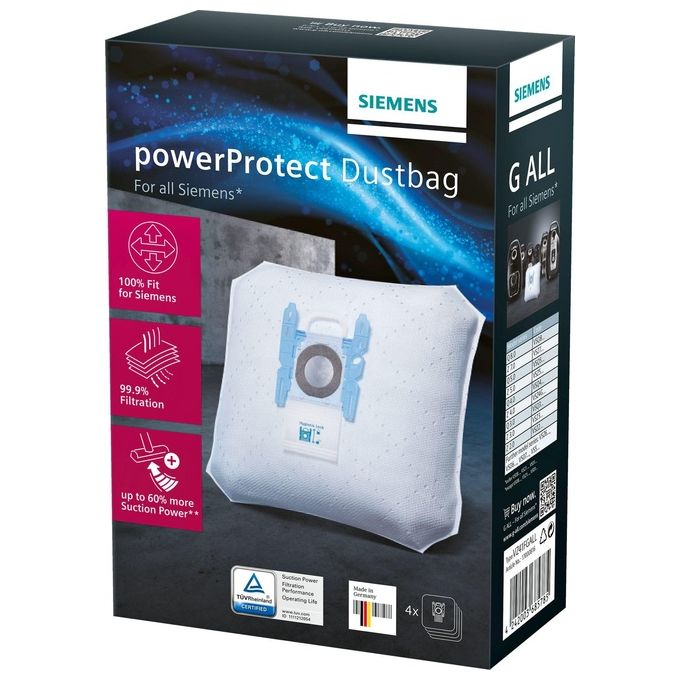 Siemens VZ41FGALL PowerProtect Sacchetti per Aspirapolvere Tipo G ALL 4 pezzi Filtrazione 99,9% colore Bianco