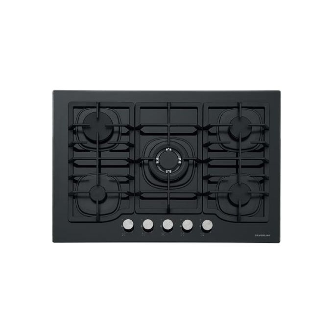 Silverline CS5405B01 Piano Cottura 5 Fuochi a Gas da Incasso (1 bruciatore WOK) Larghezza 75 cm Griglie in Ghisa Piano in Vetro colore Nero