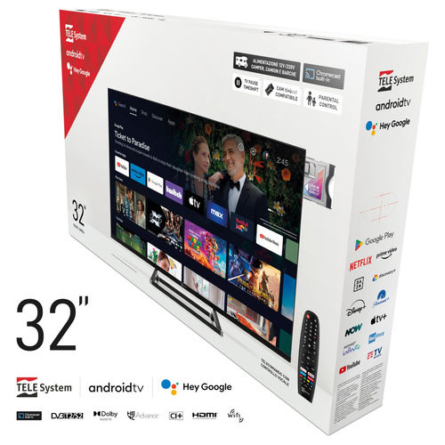 Tele System smart tv 32 pollici TS32FL SMG14, Android TV, DVB-T2/S2, tivùsat HD, Google Assistant, Chromecast, 12V/220V, camper e barca