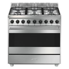 Smeg B91GMXI9 Cucina a Gas con Forno Elettrico Multifunzione Termoventilato Estetica Mista 6 Fuochi Griglie in Ghisa Classe energetica A Vapor Clean 90x60 cm Acciaio Inox