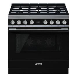 Smeg CPF9GMBL Cucina a Gas con Forno Elettrico Multifunzione Termoventilato Estetica Portofino 6 Fuochi Griglie in Ghisa Classe energetica A+ Vapor Clean 90x60 cm Nero