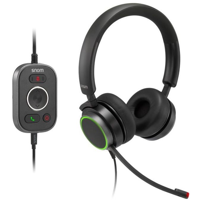 Snom A330D Over-Ear Cuffia, Cancellazione Passiva del Rumore, Cuffia Telefono VoIP, Cavo USB-RJ9-3.5 Jack con Controllo Chiamate, Morbida Pelle PU, Ne