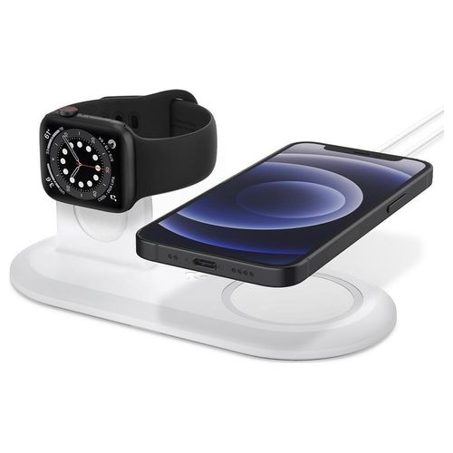 Spigen Mag Fit Duo Compatibile con MagSafe Supporto di Ricarica Wireless per iPhone 14/13/12 Series e Apple Watch Bianco