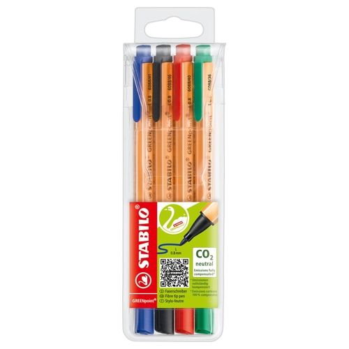 Penna Ecosostenibile con punta in fibra - STABILO GREENpoint - 87% Plastica Riciclata - Astuccio da 4 - Colori assortiti