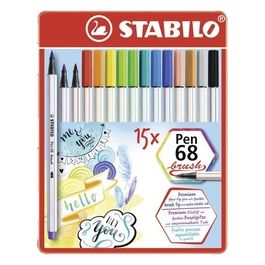 Pennarello Premium con punta a pennello - STABILO Pen 68 brush - Scatola in metallo da 15 - con 15 colori assortiti