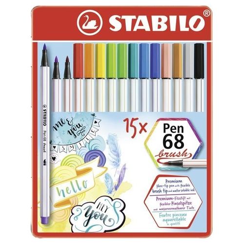 Pennarello Premium con punta a pennello - STABILO Pen 68 brush - Scatola in metallo da 15 - con 15 colori assortiti