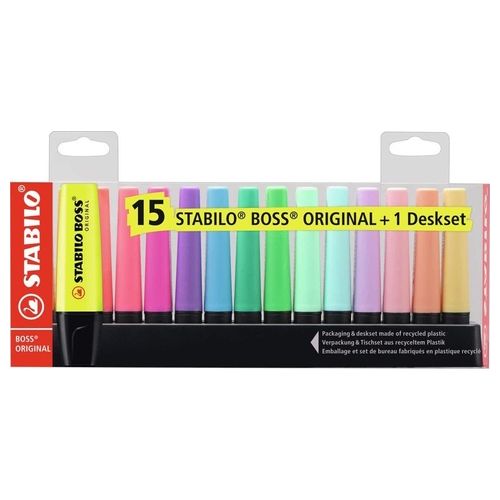 Evidenziatore - STABILO BOSS ORIGINAL Pastel Desk-Set - 15 Evidenziatori in 14 colori assortiti