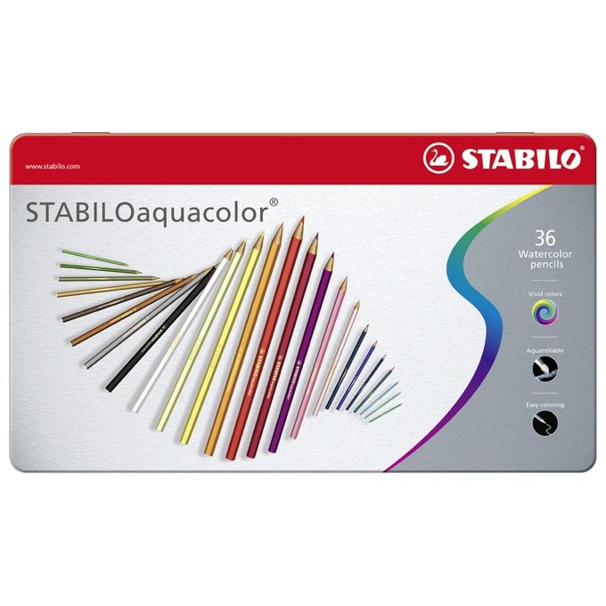 Matita colorata acquarellabile - STABILOaquacolor - Scatola in Metallo da 36 - Colori assortiti