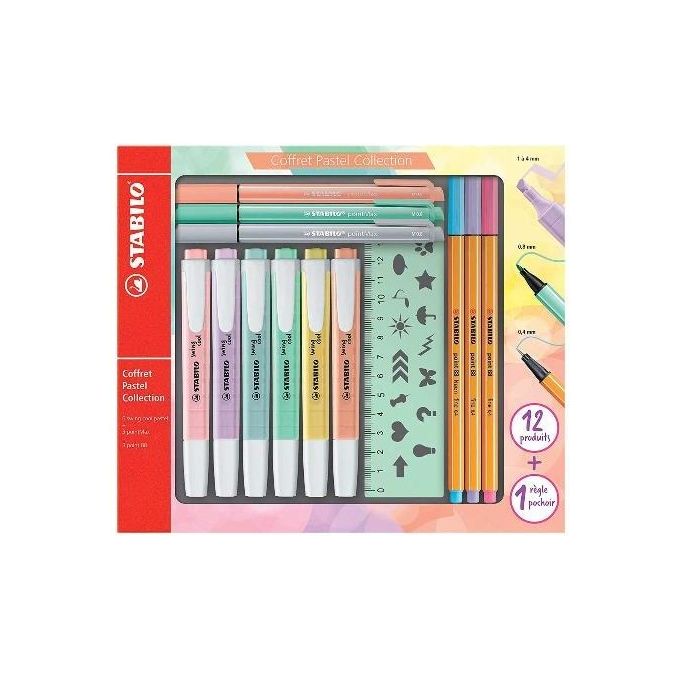 STABILO Pastel Collection Set - Confezione mista 13 pezzi: 6 swing cool pastel, 3 point 88, 3 pointMax, 1 righello stencil