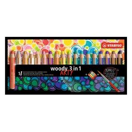 Matita colorata Multi-Funzione - STABILO woody 3 in 1 - ARTY - Astuccio da 18 - con Temperino e Pennello - Colori assortiti