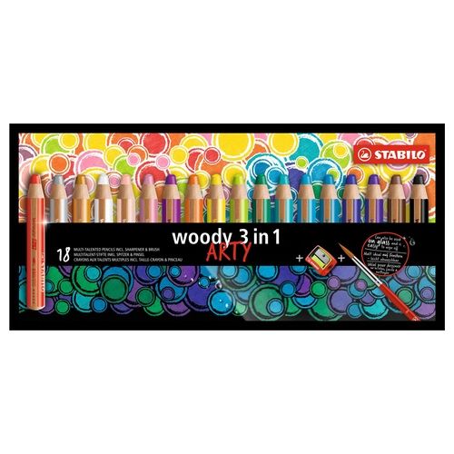 Matita colorata Multi-Funzione - STABILO woody 3 in 1 - ARTY - Astuccio da 18 - con Temperino e Pennello - Colori assortiti