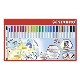 Pennarello Premium con punta a pennello - STABILO Pen 68 brush - Scatola in metallo da 25  - con 19 colori assortiti