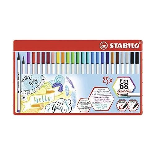 Pennarello Premium con punta a pennello - STABILO Pen 68 brush - Scatola in metallo da 25  - con 19 colori assortiti