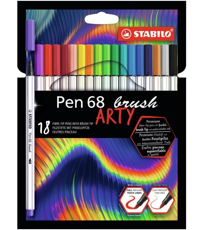 STABILO Pen 68 brush Scatola in metallo da 15 Pennarello Premium con punta a pennello per linee spesse e sottili con 15 colori assortiti 