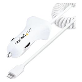 Startech.com Caricatore da Auto a Due Porte Usb con Cavo Lightning a Spirale Integrato da 1mt Bianco