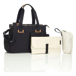 Storksak Travel – Borsa a Tracolla per Pannolini in Poliestere Nero, 3 Scomparti, Portabottiglie Removibile, Fasciatoio Multifunzione, Attacco Passeggino Integrato