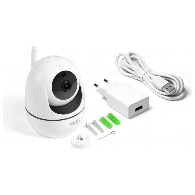 Technaxx Telecamera Full HD di sicurezza senza fili ruotabile per interni Funzione di allarme con rilevamento del movimento IR LED Visione notturna Microfono integrato TX-146