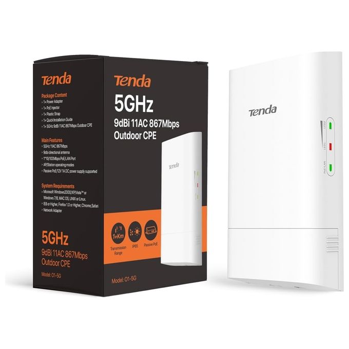 Tenda O1-5G Outdoor Access Point Esterno 11AC 867Mbps CPE 5Ghz 9dbi Auto-bridge Impermeabile IP65 Bianco