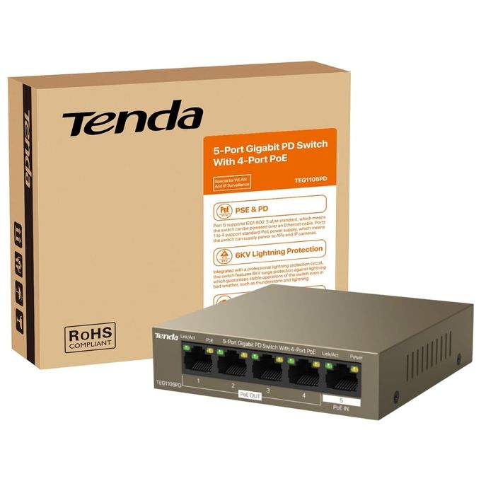 Image of Tenda Poe Switch Desktop-Parete TEG1105PD 5 Porte Gigabit 10-100-1000 Mbit PoE Power Supply-Receive integration