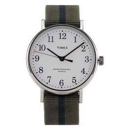 Timex Orologio al quarzo FAIRFIELD VILLAGE quadrante in ottone 37 MM case colore argento - quadrante bianco cinturino in tessuto Slavato Verde-Blu 18 MM con luce notturna INDIGLO resistente all'acqua fino a 30 M di profondita